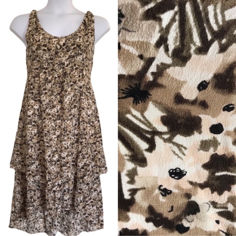 EUC Banana Republic Silk Tiered Floral Dress Brown & Cream Size 8